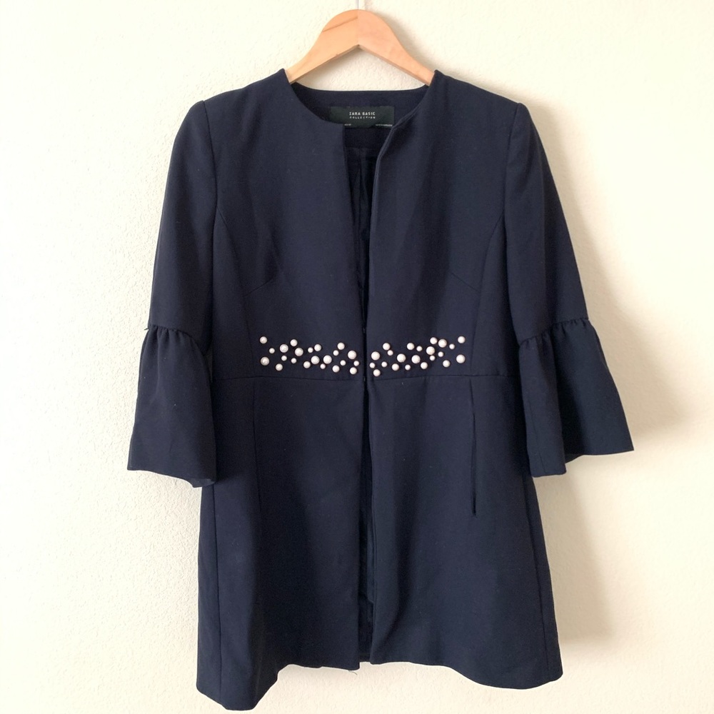 Zara Bell Sleeve Jacket Navy Blue Pearl Waist